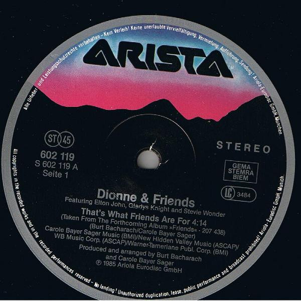Cover zu Dionne & Friends Featuring Elton John, Gladys Knight And Stevie Wonder - That's What Friends Are For | 1985 | Vinyl | Funk / Soul, Pop | Europe Schallplatten Ankauf