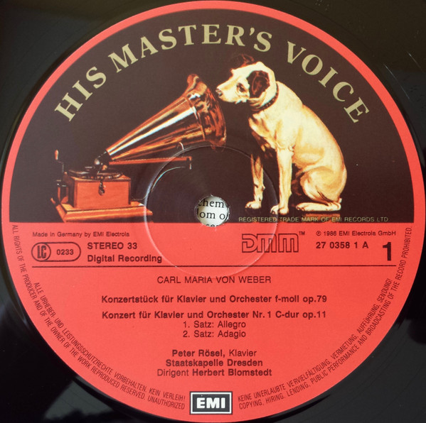 Cover zu Carl Maria Von Weber - Peter Rösel, Staatskapelle Dresden, Herbert Blomstedt - Klavierkonzerte No's. 1 & 2 Konzertstück Op. 79 | 1986 | Vinyl | Classical | Germany Schallplatten Ankauf