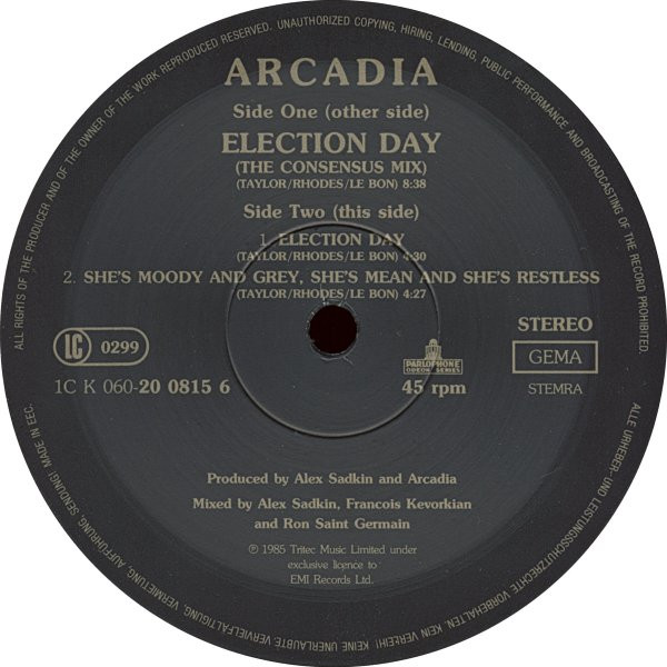 Cover zu Arcadia (3) - Election Day (The Consensus Mix) | 1985 | Vinyl | Electronic, Pop | Europe