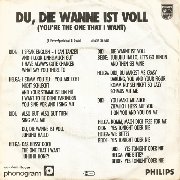 Cover zu Dieter Hallervorden, Helga Feddersen - Du, Die Wanne Ist Voll (You're The One That I Want) / Disco Dussl | 1978 | Vinyl | Pop | Germany Schallplatten Ankauf