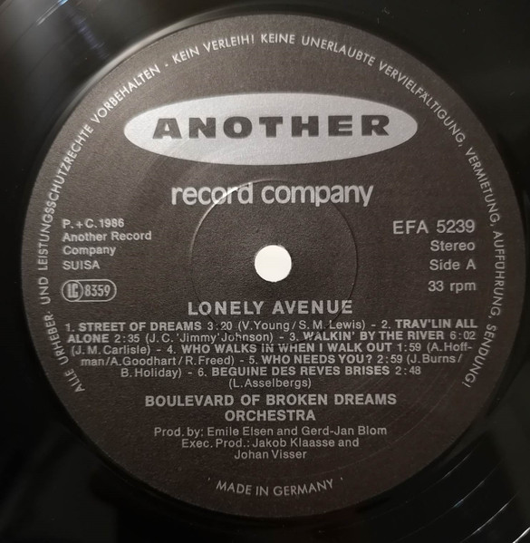Cover zu The Boulevard Of Broken Dreams Orchestra - Lonely Avenue | 1986 | Vinyl | Jazz | Germany Schallplatten Ankauf