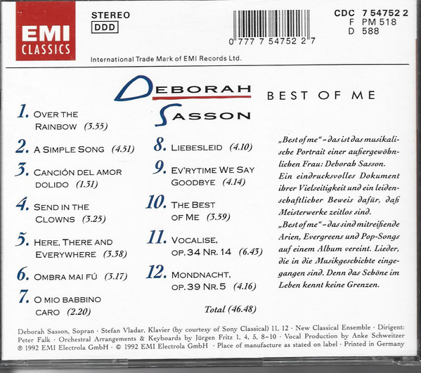 Cover zu Deborah Sasson - Best Of Me | 1992 | Vinyl | Pop, Classical | Germany Schallplatten Ankauf