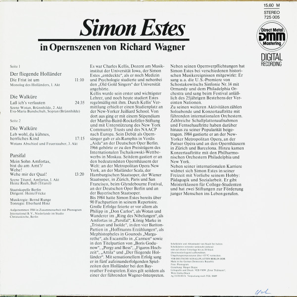 Cover zu Simon Estes, Richard Wagner, Staatskapelle Berlin, Heinz Fricke - In Opernszenen Von Richard Wagner | 1986 | Vinyl | Classical | German Democratic Republic (GDR)