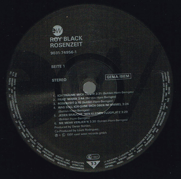 Cover zu Roy Black - Rosenzeit | 1991 | Vinyl | Electronic, Pop | Europe Schallplatten Ankauf