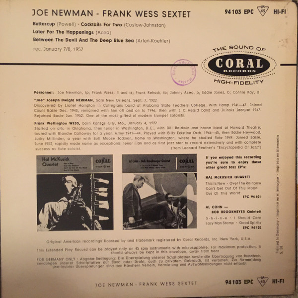 Cover zu The Frank Wess Sextet, Joe Newman - Joe Newman - Frank Wess Sextet | 1958 | Vinyl | Jazz | Germany