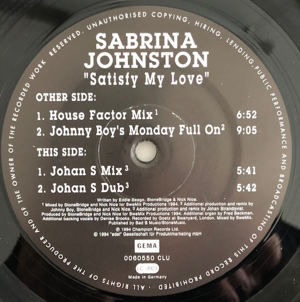 Cover zu Sabrina Johnston - Satisfy My Love | 1994 | Vinyl | Electronic | Germany Schallplatten Ankauf