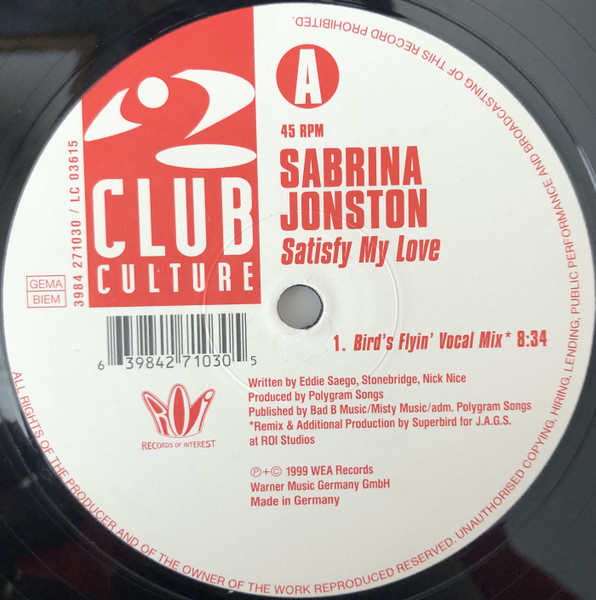 Cover zu Sabrina Johnston - Satisfy My Love (Superbird Mixes) | 1999 | Vinyl | Electronic | Germany Schallplatten Ankauf