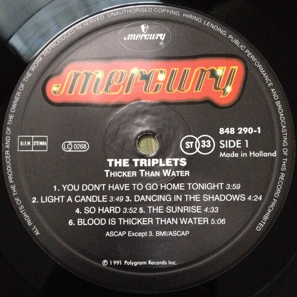 Cover zu The Triplets (2) - ... Thicker Than Water | 1991 | Vinyl | Rock, Pop | Netherlands Schallplatten Ankauf