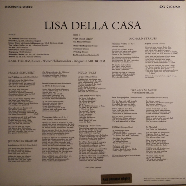 Cover zu Richard Strauss, Franz Schubert, Johannes Brahms, Hugo Wolf, Lisa Della Casa, Karl Böhm, Wiener Philharmoniker, Karl Hudez - Vier letzte Lieder; Lieder von Schubert, Brahms, Wolf, R. Strauss