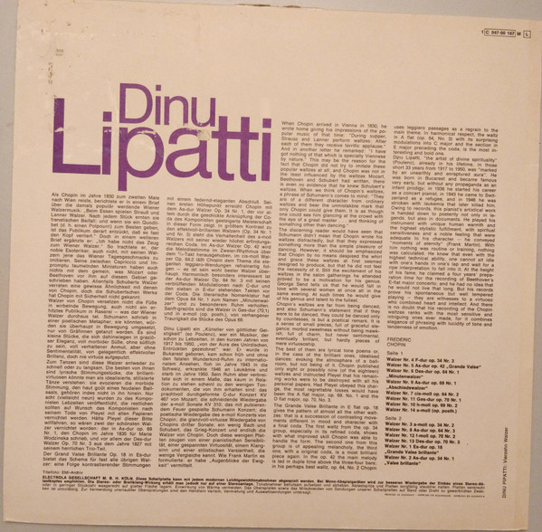 Cover zu Dinu Lipatti, Frédéric Chopin - Vierzehn Walzer | 1973 | Vinyl | Classical | Germany