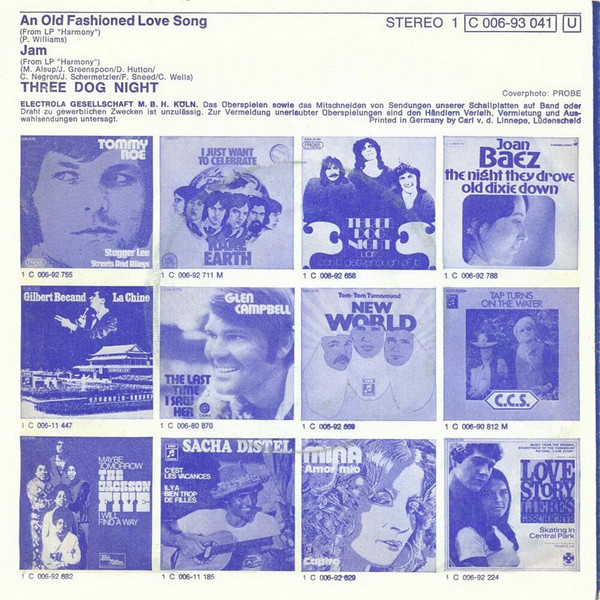 Cover zu Three Dog Night - An Old Fashioned Love Song / Jam | 1971 | Vinyl, 7