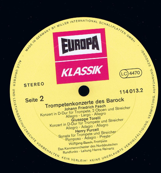 Cover zu Henry Purcell • Georg Friedrich Händel • Giuseppe Torelli • Johann Friedrich Fasch • Tomaso Albinoni, Kammerorchester Des Norddeutschen Rundfunks, Hanns Reinartz, Wolfgang Basch - T