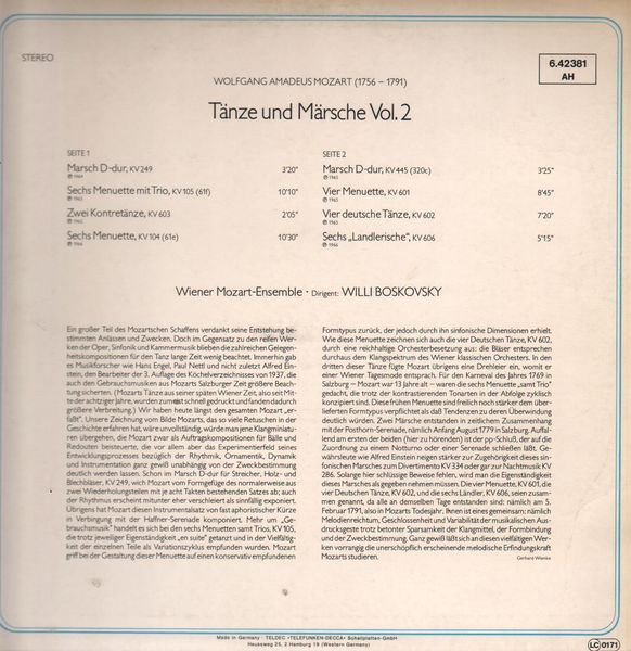 Cover zu Wolfgang Amadeus Mozart, Wiener Mozart Ensemble, Willi Boskovsky - Tänze Und Märsche Vol. 2 | Vinyl | Classical | Germany Schallplatten Ankauf