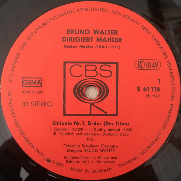 Cover zu Bruno Walter, Gustav Mahler, Columbia Symphony Orchestra - Sinfonie Nr.1 D-Dur (Der Titan) | Vinyl | Classical | Germany
