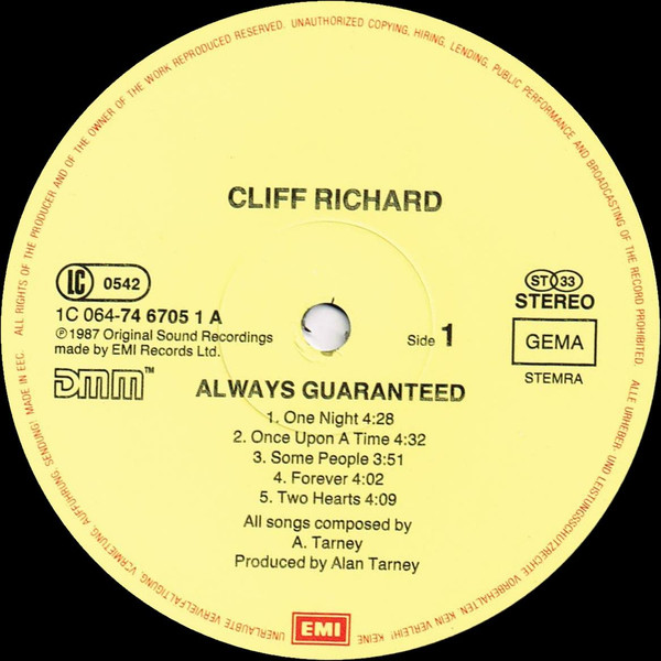 Cover zu Cliff Richard - Always Guaranteed | 1987 | Vinyl, LP, Album, Stereo | Pop | Europe Schallplatten Ankauf