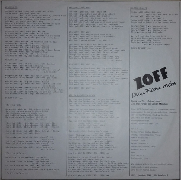 Cover zu Zoff - Keine Faxen Mehr | 1982 | Vinyl, LP, Album, Stereo | Rock | Germany