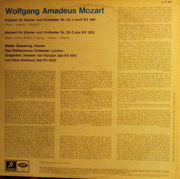 Cover zu Wolfgang Amadeus Mozart, Walter Gieseking, Herbert von Karajan, Hans Rosbaud, Philharmonia Orchestra - Konzert Für Klavier Und Orchester Nr. 24 C-Moll Kv 491 / Nr. 25 C-Dur Kv 503 Schallplatten Ankauf