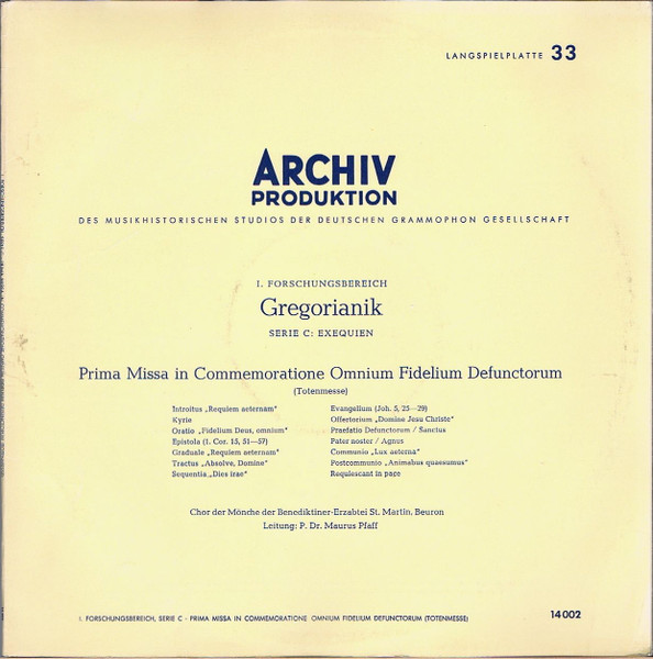 Cover zu Chor Der Mönche Der Benediktiner-Erzabtei St. Martin, Beuron ‧ Leitung: Pater Maurus Pfaff - Prima Missa In Commemoratione Omnium Fidelium Defunctorum (Totenmesse) | 1954 | Vinyl | Classical