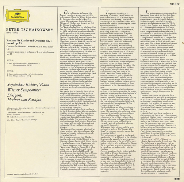 Cover zu Pyotr Ilyich Tchaikovsky - Sviatoslav Richter · Herbert von Karajan · Wiener Symphoniker - Klavierkonzert Nr.1 B-moll · Piano Concerto No. 1 In B Flat Minor | Vinyl | Classical | Germany