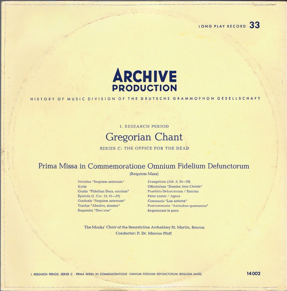 Cover zu Chor Der Mönche Der Benediktiner-Erzabtei St. Martin, Beuron ‧ Leitung: Pater Maurus Pfaff - Prima Missa In Commemoratione Omnium Fidelium Defunctorum (Totenmesse) | 1954 | Vinyl | Classical