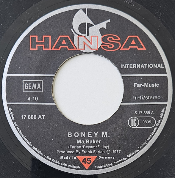 Cover zu Boney M. - Ma Baker / Still I'm Sad | 1977 | Vinyl, 7
