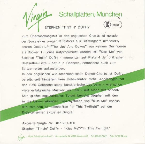 Cover zu Stephen Duffy - Kiss Me | 1985 | Vinyl | Electronic | Europe Schallplatten Ankauf