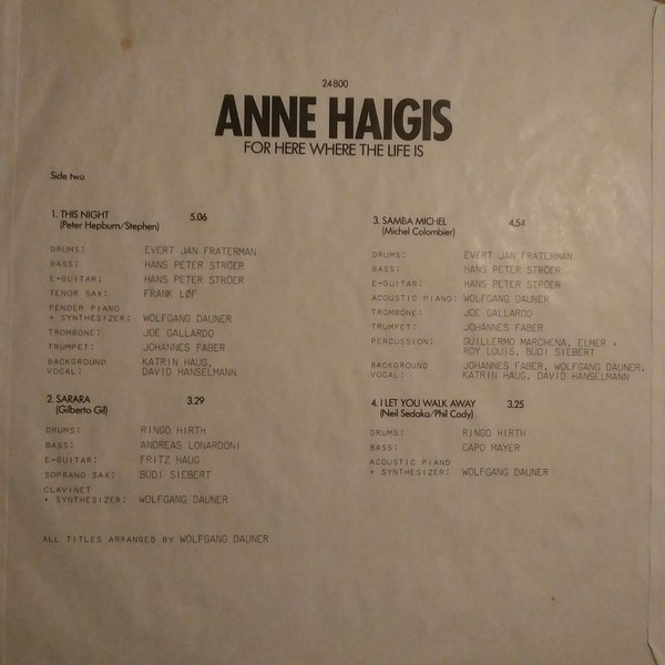Cover zu Anne Haigis - For Here Where The Life Is | 1982 | Vinyl | Jazz, Latin, Pop | Germany