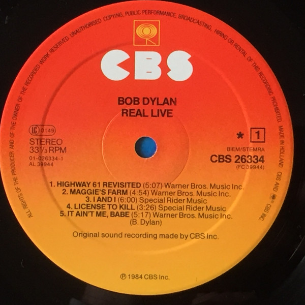 Cover zu Bob Dylan - Real Live | 1984 | Vinyl | Rock | Europe Schallplatten Ankauf