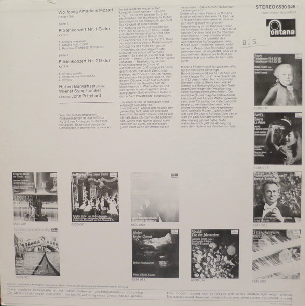 Cover zu Wolfgang Amadeus Mozart, John Pritchard, Wiener Symphoniker, Hubert Barwahser - Flotenkonzerte Kv 313, 314 | Vinyl | Classical | Netherlands Schallplatten Ankauf