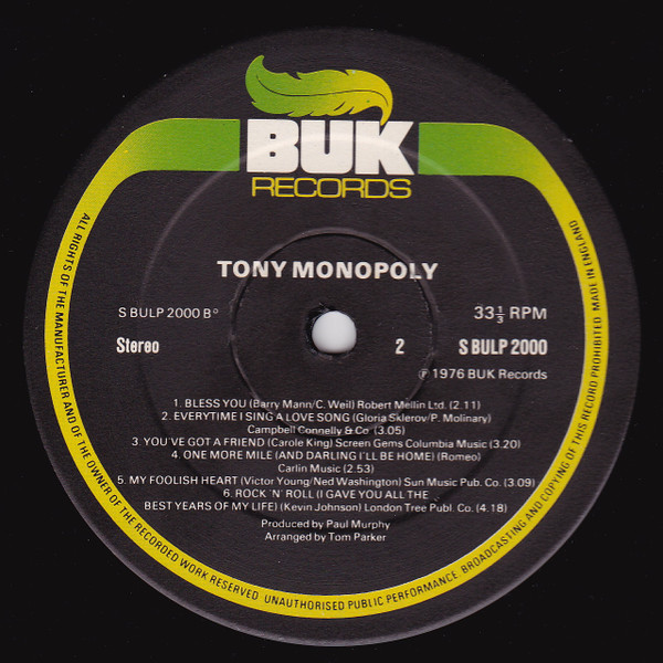 Cover zu Tony Monopoly - Tony Monopoly | 1976 | Vinyl | Rock, Pop | UK Schallplatten Ankauf