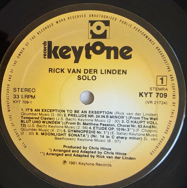 Cover zu Rick van der Linden - Solo | 1981 | Vinyl, LP, Album | Classical | Netherlands Schallplatten Ankauf