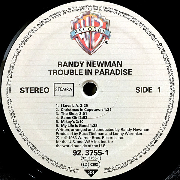 Cover zu Randy Newman - Trouble In Paradise | 1983 | Vinyl, LP, Album | Rock, Pop | Netherlands