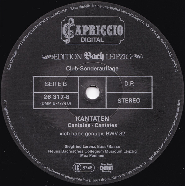 Cover zu Siegfried Lorenz, Neues Bachisches Collegium Musicum Leipzig ; Max Pommer / Johann Sebastian Bach - Kantaten (Cantatas ∙ Cantates) | 1984 | Vinyl | Classical | Germany