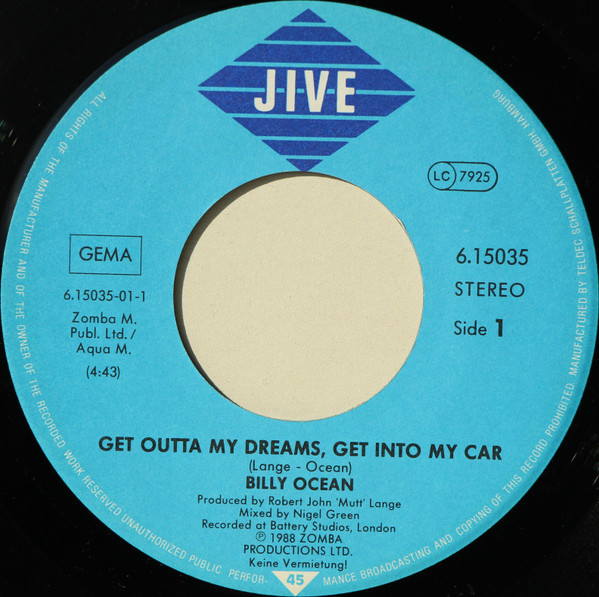 Cover zu Billy Ocean - Get Outta My Dreams, Get Into My Car | 1988 | Vinyl | Electronic, Funk / Soul | Germany Schallplatten Ankauf