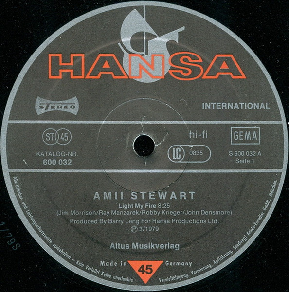 Cover zu Amii Stewart - Light My Fire | 1979 | Vinyl | Electronic | Germany Schallplatten Ankauf