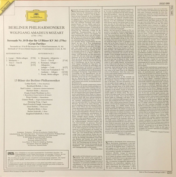 Cover zu Wolfgang Amadeus Mozart / Berliner Philharmoniker - Serenade K. 361 For 13 Wind Instruments | 1983 | Vinyl | Classical | Germany Schallplatten Ankauf