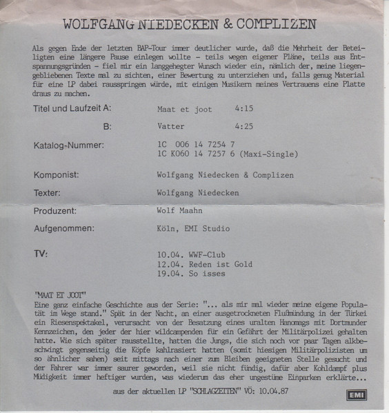 Cover zu Wolfgang Niedecken & Complizen - Maat Et Joot | 1987 | Vinyl, 45 RPM, 7