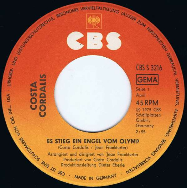 Cover zu Costa Cordalis - Es Stieg Ein Engel Vom Olymp | 1975 | Vinyl | Pop | Germany