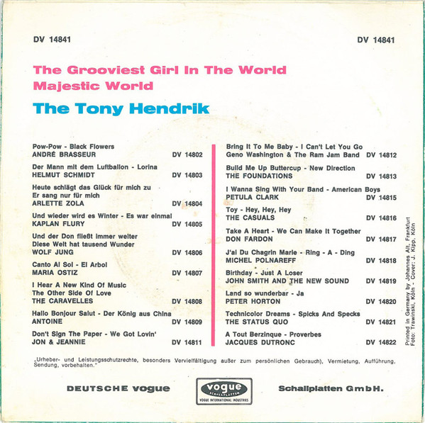 Cover zu The Tony Hendrik Five - The Grooviest Girl In The World / Majestic World | 1969 | Vinyl | Rock | Germany Schallplatten Ankauf