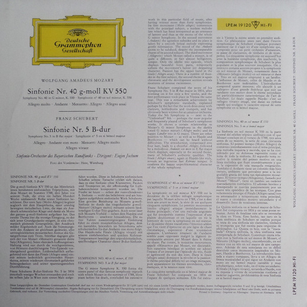 Cover zu Wolfgang Amadeus Mozart / Franz Schubert - Symphonie-Orchester Des Bayerischen Rundfunks Dirigent: Eugen Jochum - Sinfonie Nr. 40 G-moll KV 550 / Sinfonie Nr. 5 B-dur | 1958 | Vinyl | Classical | Germany Schallplatten Ankauf