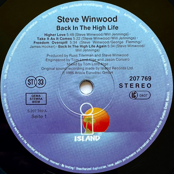 Cover zu Steve Winwood - Back In The High Life | 1986 | Vinyl | Electronic, Rock | Europe Schallplatten Ankauf