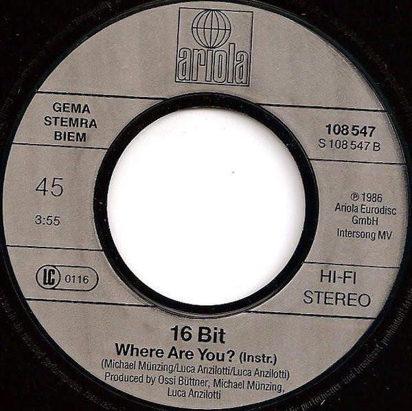 Cover zu 16 Bit - Where Are You? | 1986 | Vinyl | Electronic | Europe