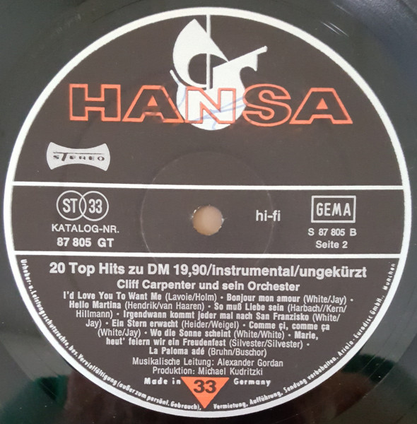 Cover zu Cliff Carpenter Und Sein Orchester - 20 Top Hits | 1974 | Vinyl | Pop | Germany