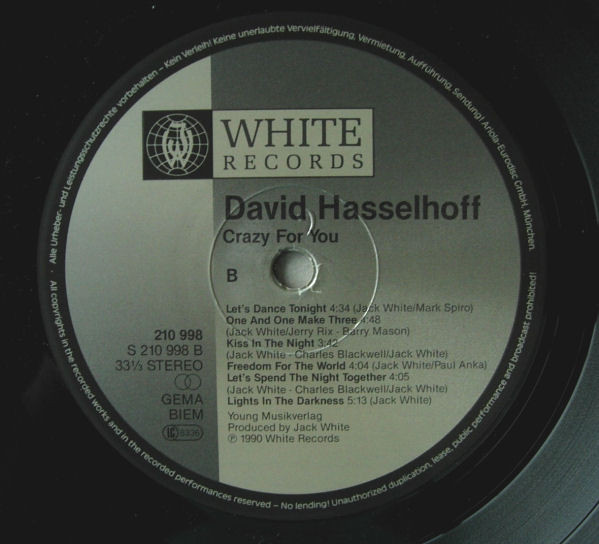 Cover zu David Hasselhoff - Crazy For You | 1990 | Vinyl | Pop | Germany Schallplatten Ankauf