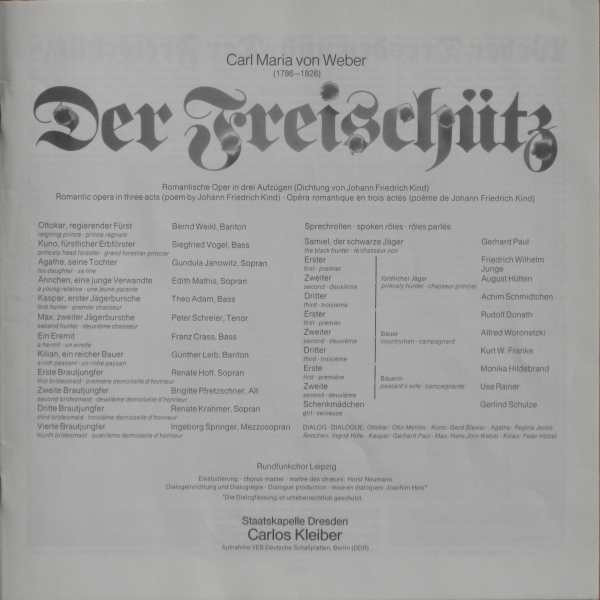 Cover zu Carl Maria von Weber / Gundula Janowitz, Edith Mathis, Peter Schreier, Theo Adam, Staatskapelle Dresden, Carlos Kleiber - Der Freischütz | Vinyl | Classical | Germany Schallplatten Ankauf