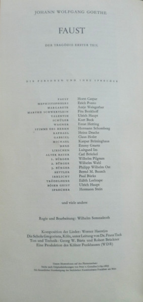 Cover zu Wilhelm Semmelroth, Horst Caspar, Antje Weisgerber, Erich Ponto, Fita Benkhoff, Ullrich Haupt, Emmy Graetz, Hermann Schomberg - Faust - Der Tragödie Erster Teil | Vinyl | Non-Music | Germany