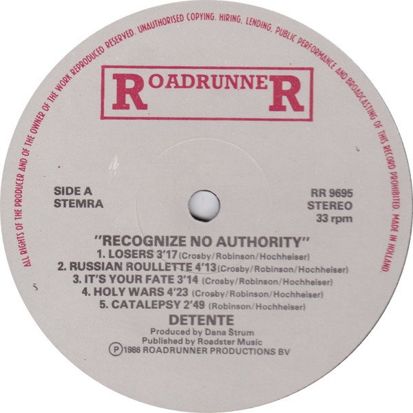 Cover zu Détente - Recognize No Authority | 1986 | Vinyl | Rock | Europe