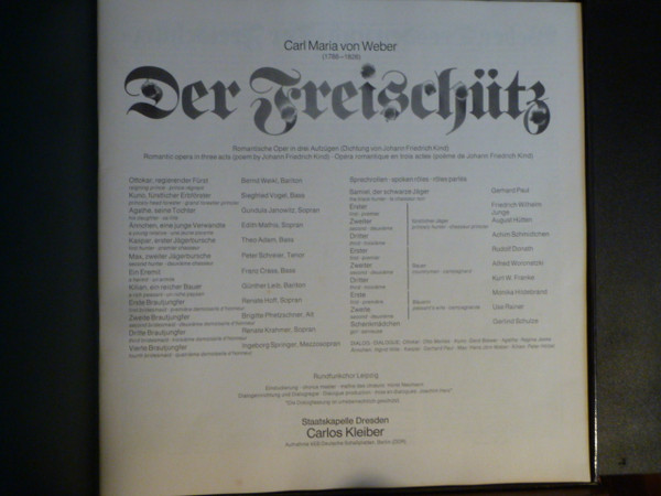 Cover zu Carl Maria von Weber / Gundula Janowitz, Edith Mathis, Peter Schreier, Theo Adam, Staatskapelle Dresden, Carlos Kleiber - Der Freischütz | 1973 | Vinyl | Classical | UK