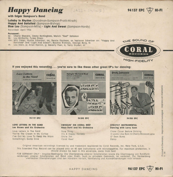 Cover zu Edgar Sampson's Band - Happy Dancing With Edgar Sampson's Band | 1958 | Vinyl | Jazz | Germany Schallplatten Ankauf