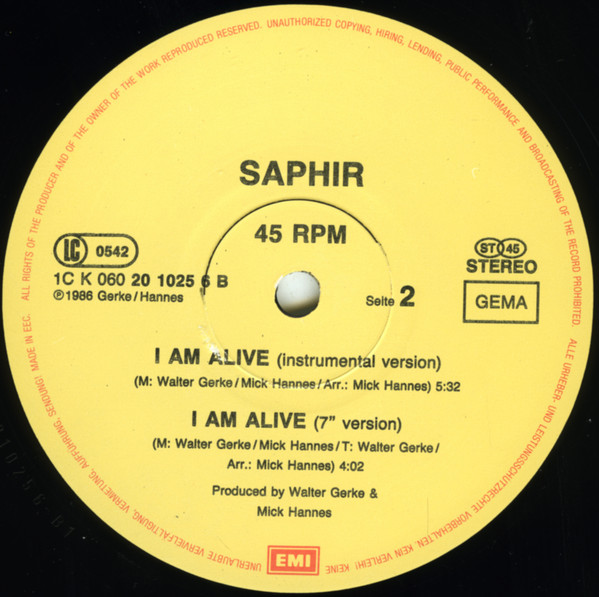 Cover zu Saphir - I Am Alive (Extended Remix) | 1986 | Vinyl | Electronic | Germany